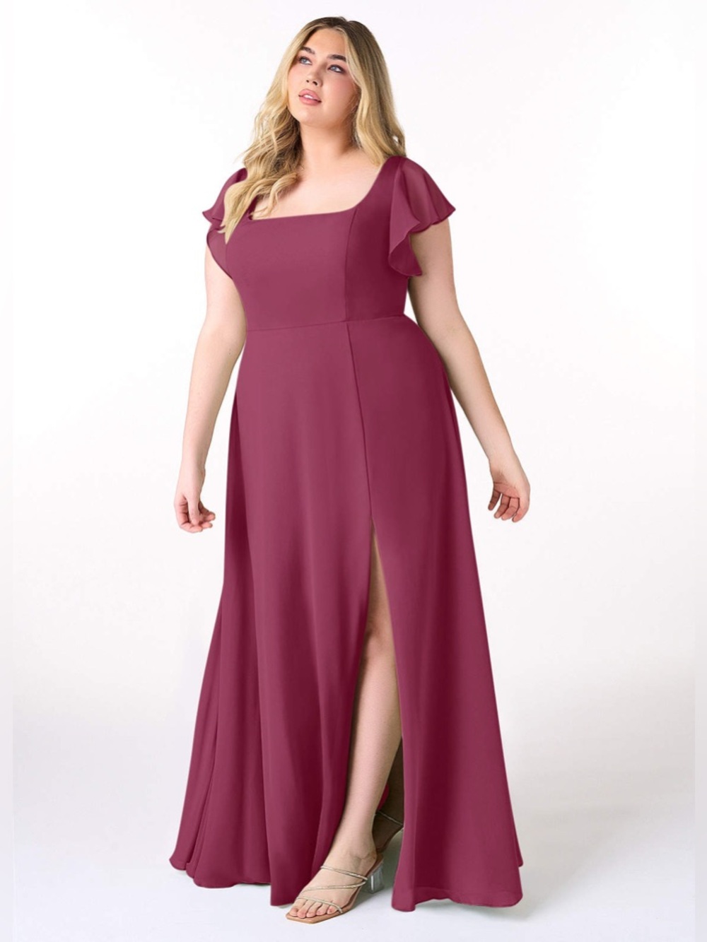 Azazie Bondi Mulberry A-Line Ruffle Chiffon Dress Flutter Sleeve Square Neck